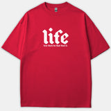 A red T-shirt featuring a bold white graphic that reads 'life few there be that find it' in a gothic font.