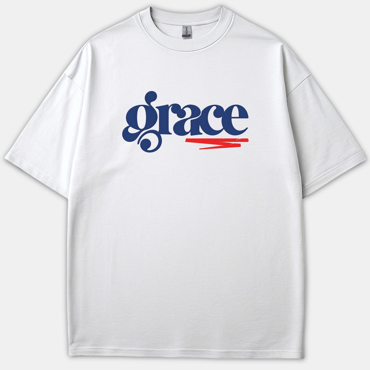 A white Christian T-shirt featuring the word grace in stylish navy blue typography with a red brushstroke underline across the chest.