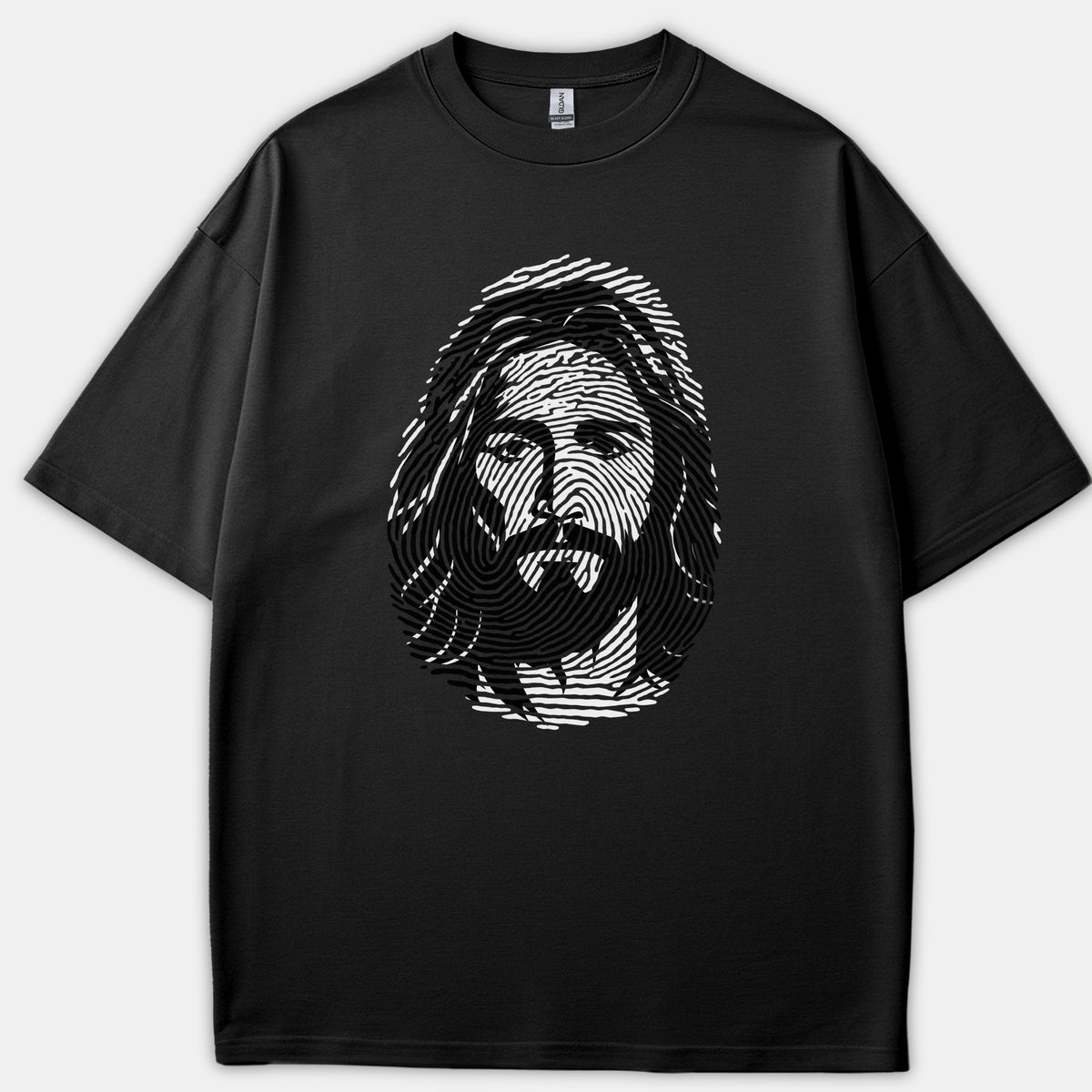 A black t-shirt featuring a graphic print of Jesus Christ's face stylized out of white fingerprint lines.