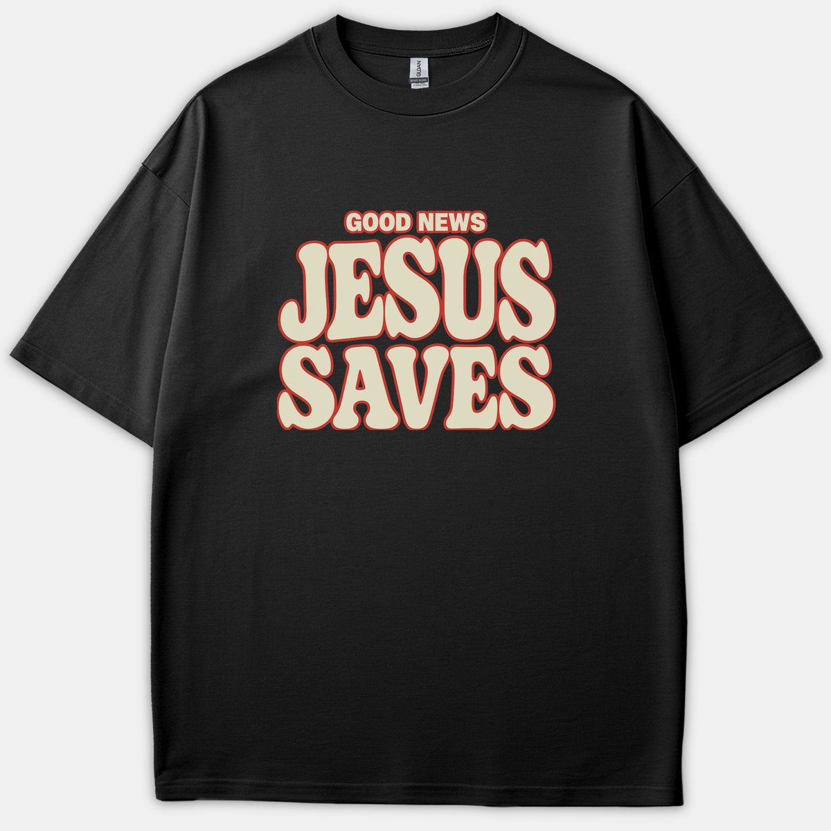 A black Christian T-shirt featuring retro typography that reads 'GOOD NEWS JESUS SAVES' in beige lettering with a red outline.