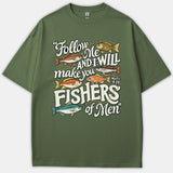 An olive green Christian T-shirt featuring vintage fish illustrations and graphic typography quoting Matthew 4:19, Follow Me and I will make you fishers of men.