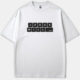 A white Christian t-shirt featuring black computer keyboard keys that spell out JESUS WILL return across two rows.