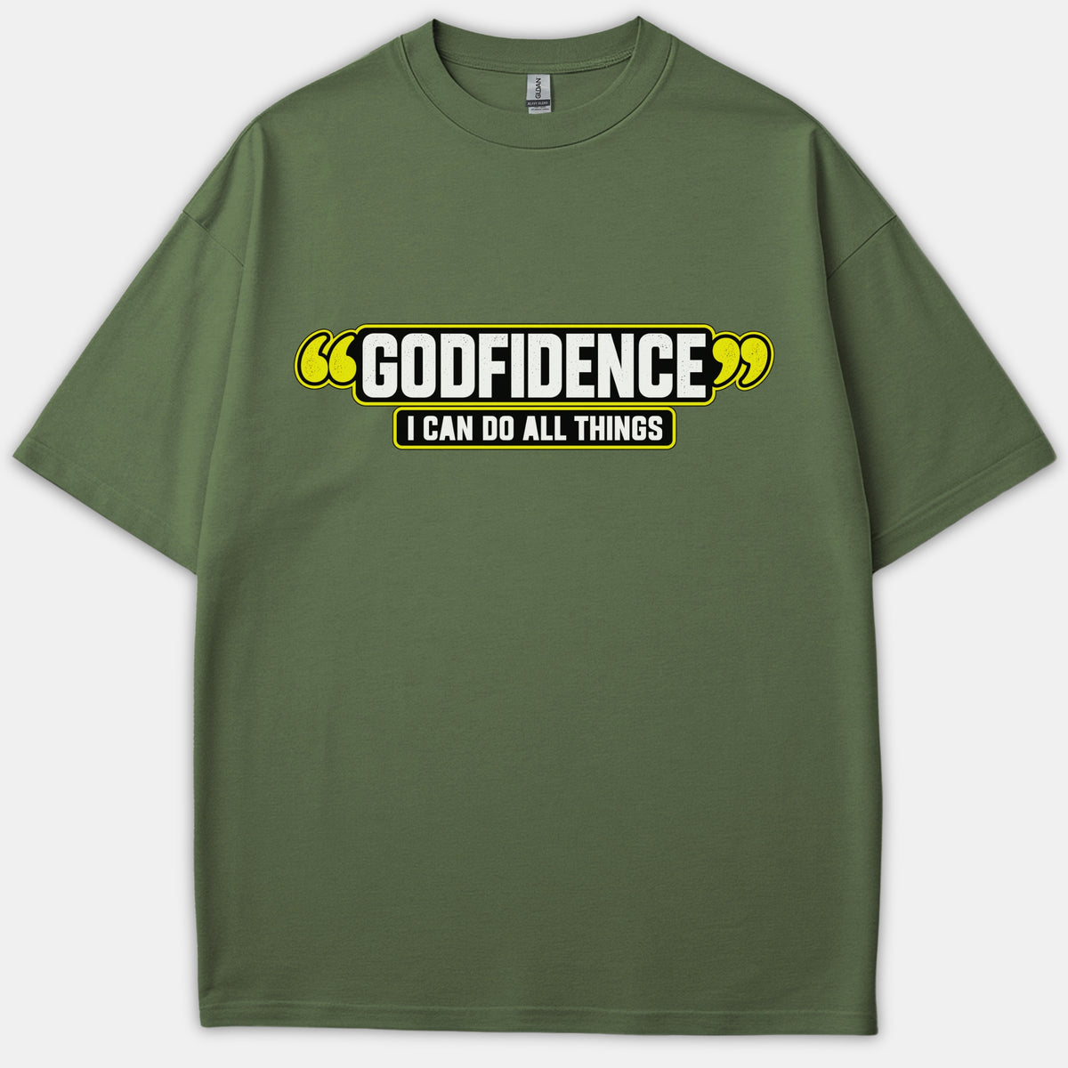 A green Christian t-shirt featuring a graphic design with quotation marks that reads GODFIDENCE I CAN DO ALL THINGS in bold white and yellow lettering.