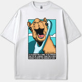 A white graphic t-shirt showing a funny cartoon camel looking through a needle eye alongside the Bible verse about entering the Kingdom of God.