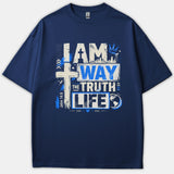A navy blue Christian T-shirt featuring a bold white and bright blue graphic design based on John 14:6 reading I Am The Way The Truth The Life.