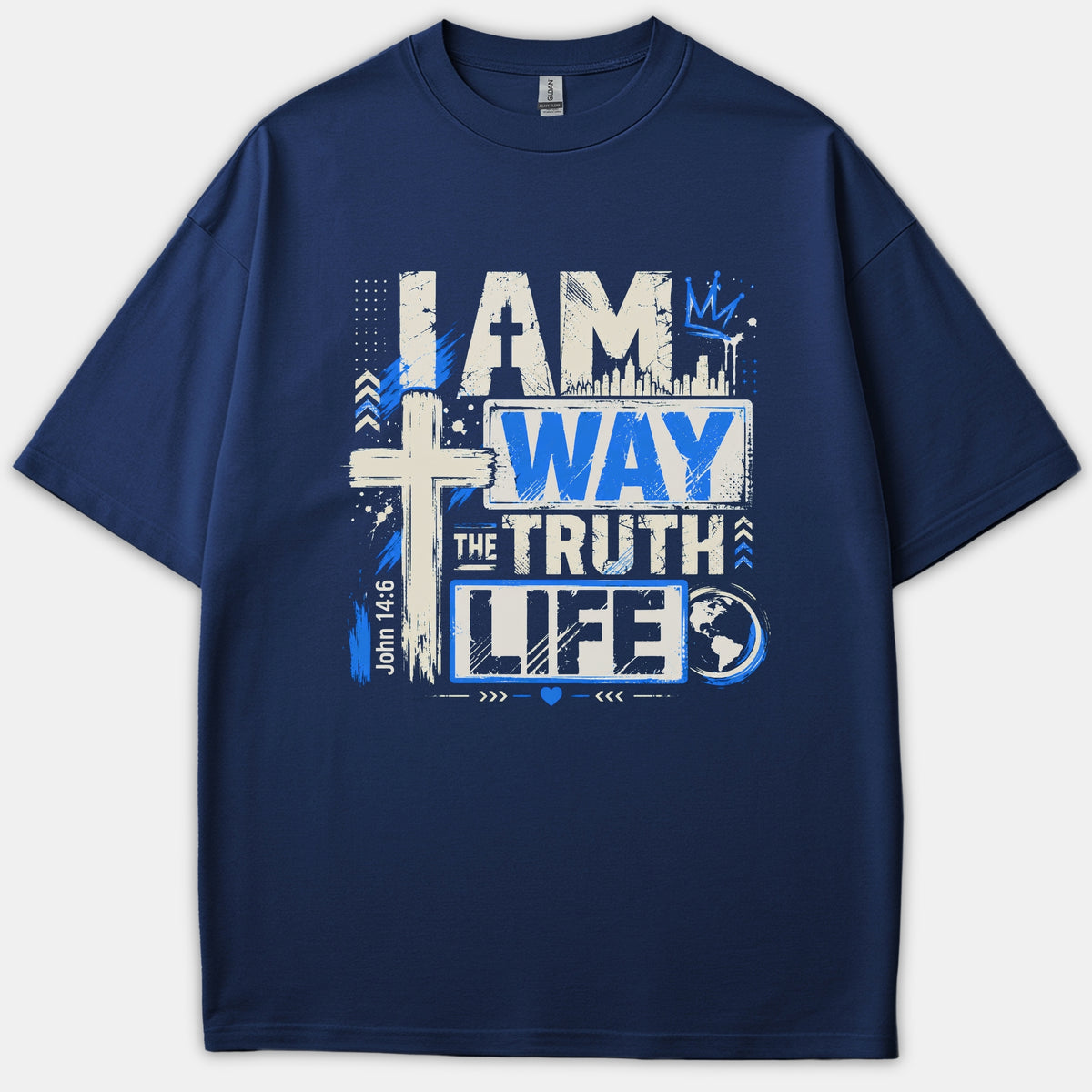 A navy blue Christian T-shirt featuring a bold white and bright blue graphic design based on John 14:6 reading I Am The Way The Truth The Life.