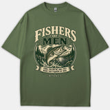 A green Christian t-shirt featuring a vintage graphic of a jumping bass fish with the scripture verse Matthew 4:19 and the text Fishers of Men.