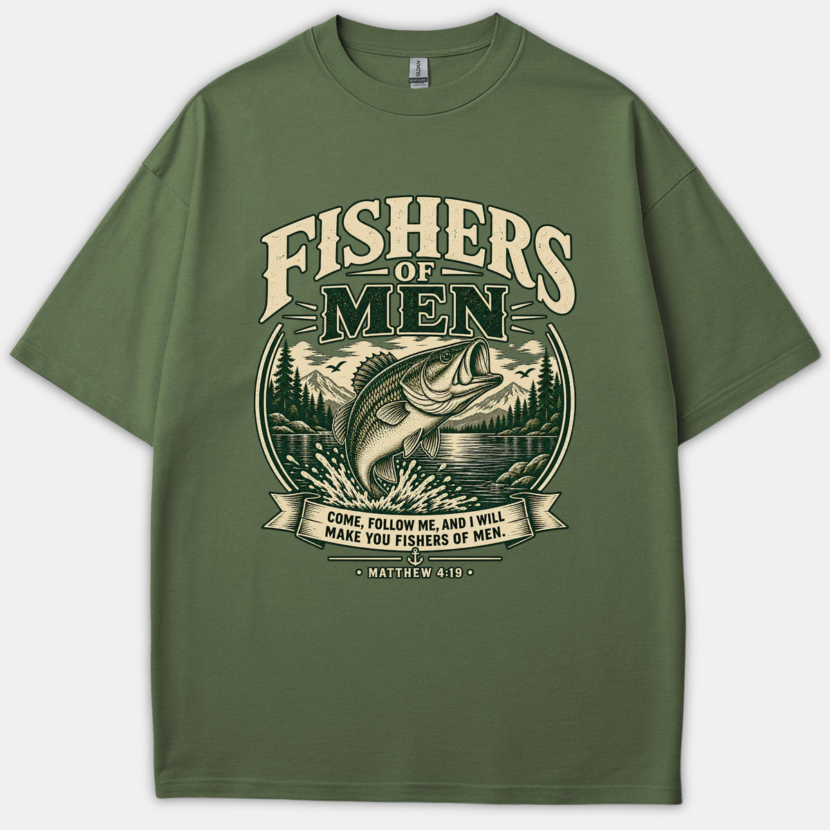 A green Christian t-shirt featuring a vintage graphic of a jumping bass fish with the scripture verse Matthew 4:19 and the text Fishers of Men.