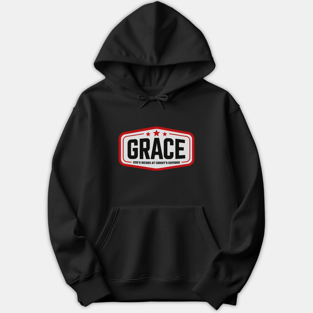 A black hoodie featuring a red and white crest design on the chest with the text GRACE: God's Riches At Christ's Expense.