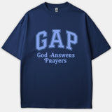 A navy blue t-shirt featuring a light blue athletic arch logo reading GAP with the phrase God Answers Prayers printed below it.