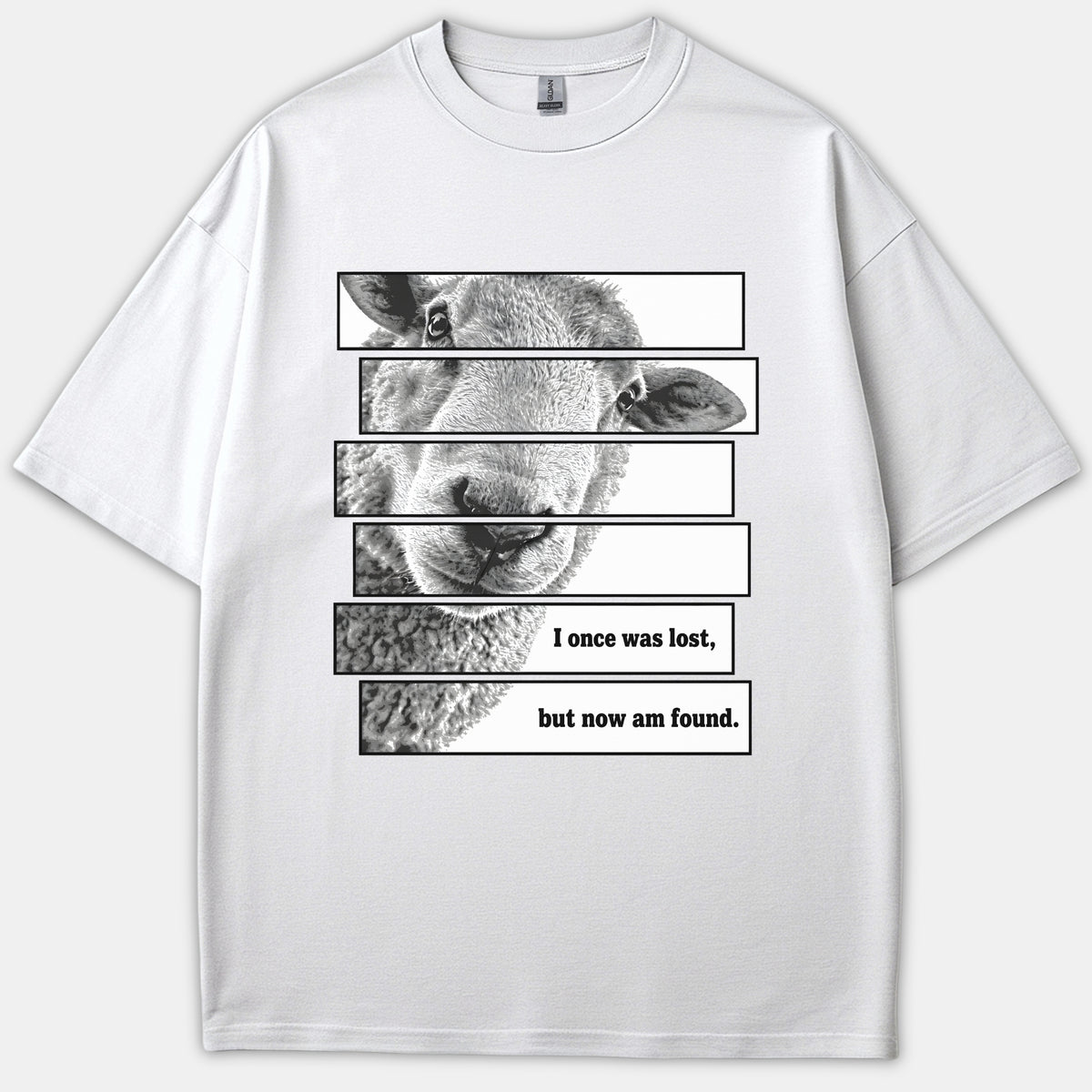 A white Christian t-shirt featuring a graphic print of a sheep divided into horizontal panels alongside the text I once was lost, but now am found.