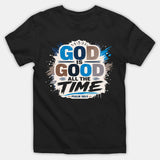 A black short-sleeve crewneck t-shirt with a colorful graphic on the chest that reads 'GOD IS GOOD ALL THE TIME' and 'PSALM 100:5' in blue, brown, white, and black lettering over a paint splatter design.