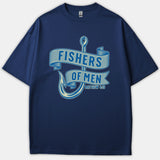 A navy blue Christian t-shirt featuring a graphic design of a large fishing hook intertwined with banners reading Fishers of Men and scripture reference Matthew 4:19.