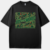 A black t-shirt featuring a green Christmas graphic framed with holly berries reading 'Joy to the World God Sent His Son to Save From Sin'.