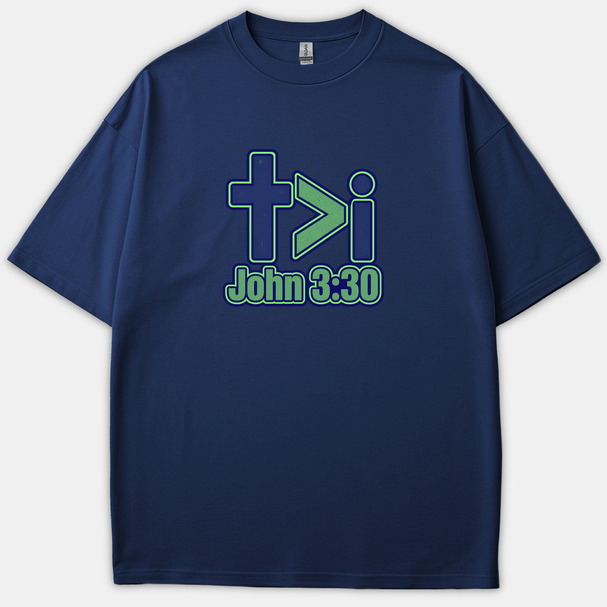 A navy blue t-shirt featuring a green and blue graphic reading + > i with the Scripture reference John 3:30 printed below.