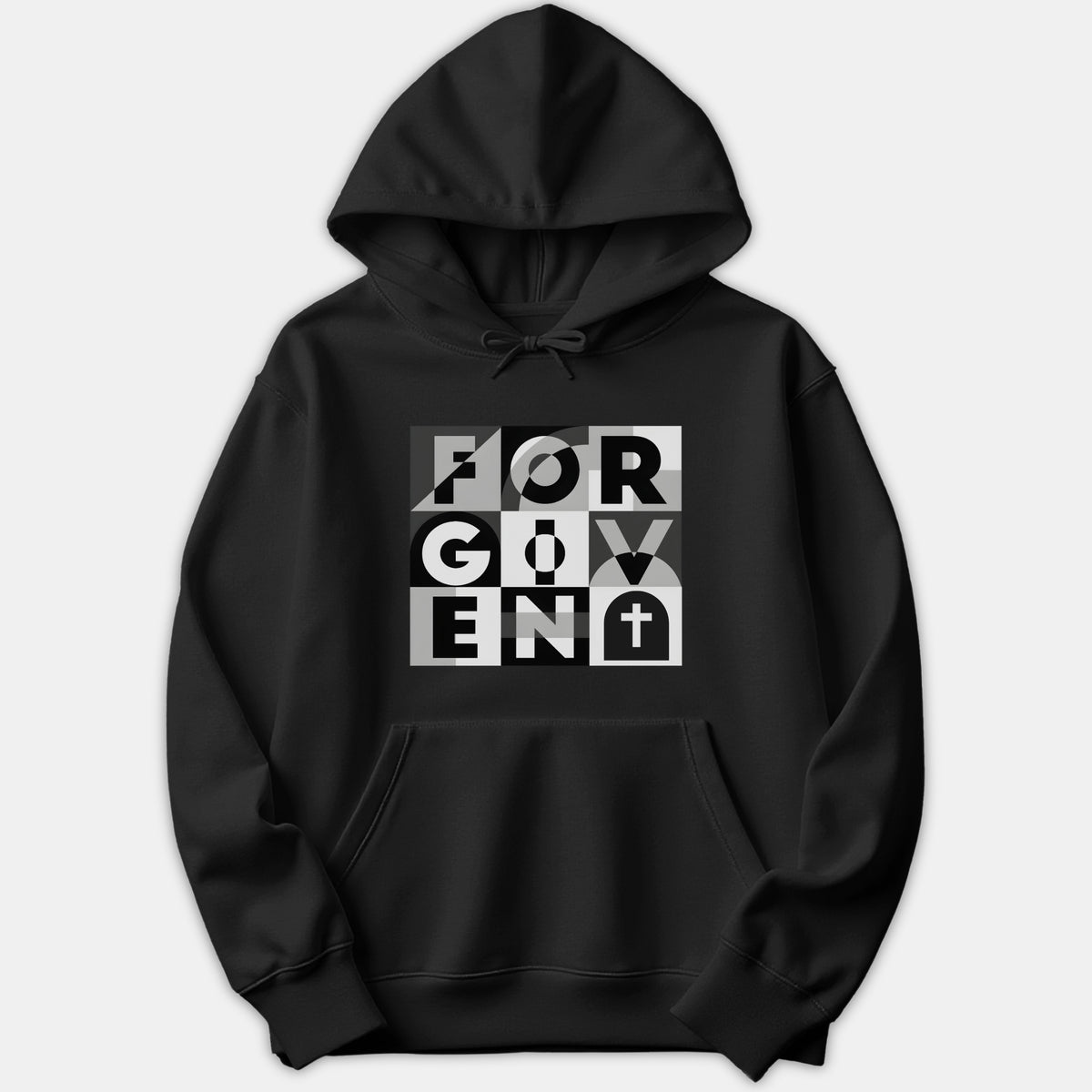 A black hoodie featuring a modern geometric block graphic on the chest spelling out the word 'FORGIVEN' along with a Christian cross symbol.