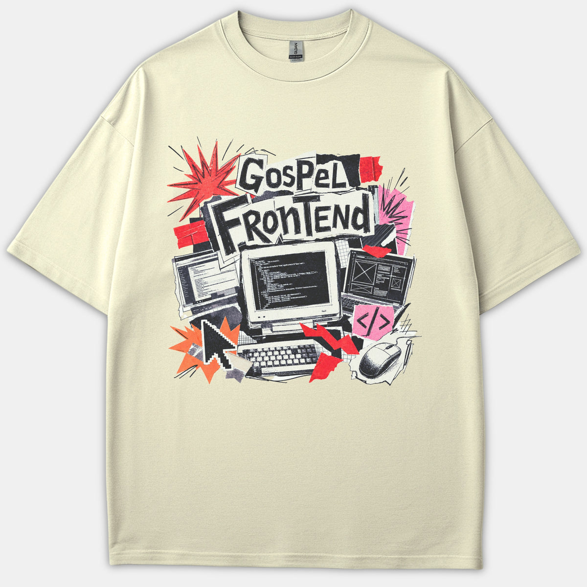 A beige t-shirt featuring a retro tech collage graphic with the text 'Gospel Frontend' alongside vintage computer monitors, code symbols, and red graphic accents.