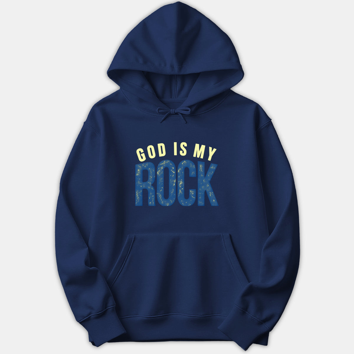 A navy blue hoodie featuring a Christian graphic print reading GOD IS MY ROCK in pale yellow and distressed blue text across the chest.
