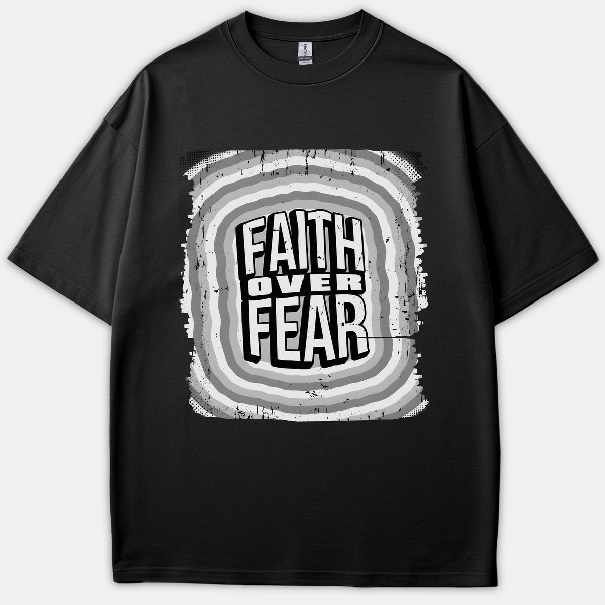 A black t-shirt featuring a distressed graphic design with concentric gray and white borders centered around the bold text Faith Over Fear.