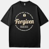 A black Christian t-shirt featuring a circular emblem with the word 'Forgiven' in bold script, surrounded by the scripture text from Psalm 103:12 and a small cross design.