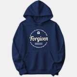 A navy blue hoodie featuring a circular graphic centered around the word Forgiven, a cross icon, and scripture text from Psalm 103:12.