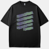 A black T-shirt featuring a graphic design with the text BORN AGAIN in neon green outlined letters across wavy purple and green banners.
