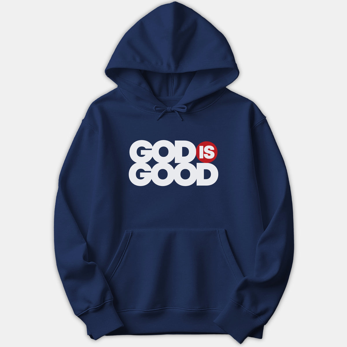 A navy blue hoodie featuring a bold graphic print on the chest that reads GOD IS GOOD in white lettering with a red circular accent.