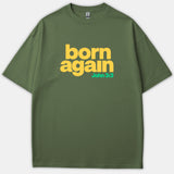 An olive green Christian t-shirt featuring the words 'born again' in bold yellow text with the Bible verse reference 'John 3:3' printed in bright green below.