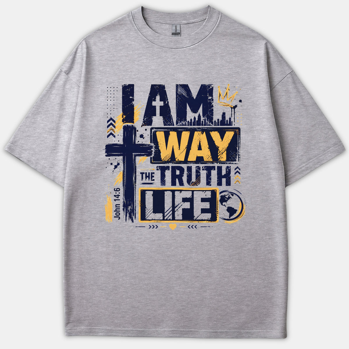 A gray Christian t-shirt featuring a distressed urban graphic with the text I Am The Way The Truth Life, John 14:6, a cross, and crown in navy and yellow.
