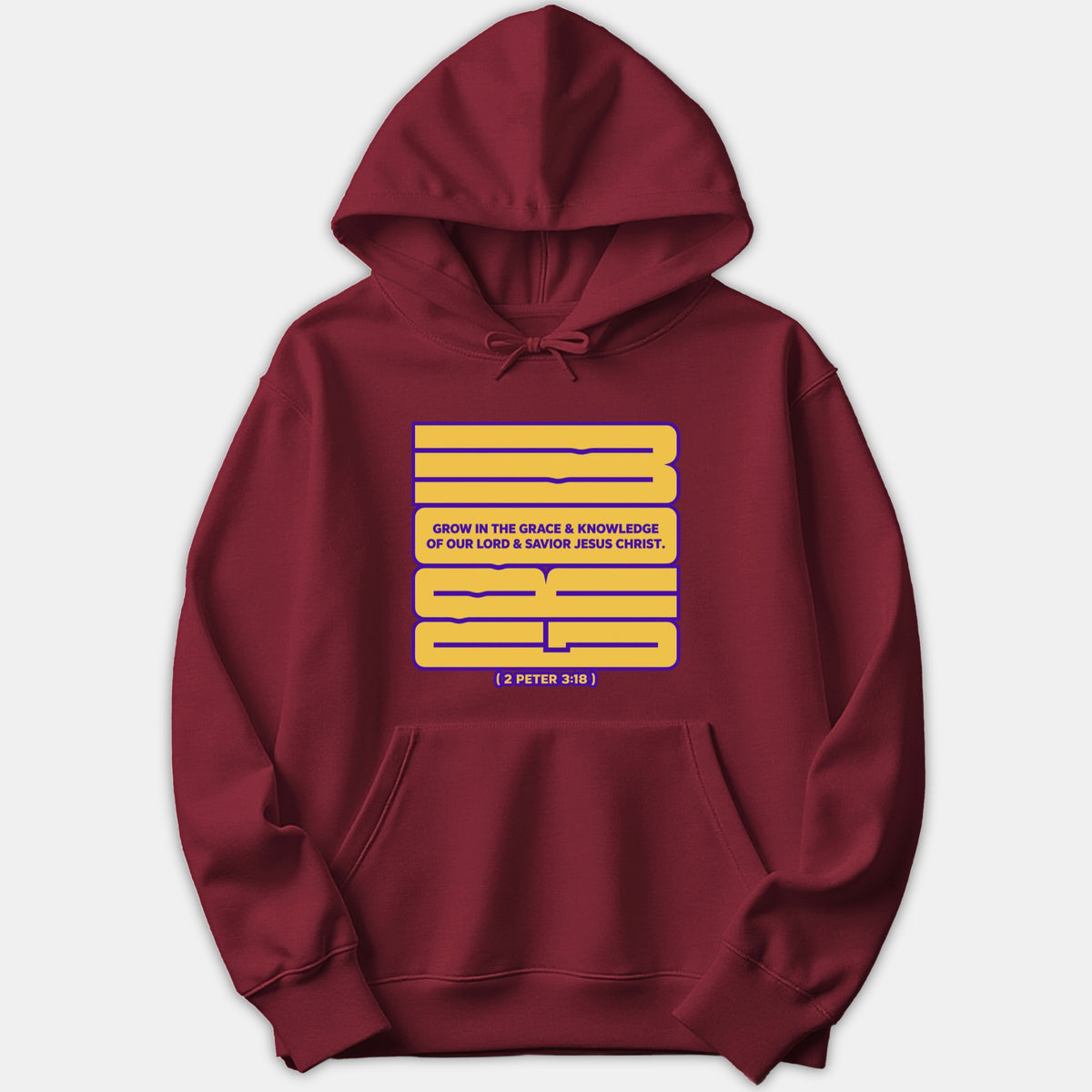 A red hoodie featuring a bold yellow typography graphic displaying 2 Peter 3:18 about growing in the grace and knowledge of Jesus Christ.