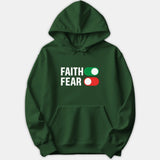 A green hoodie featuring the words FAITH and FEAR with toggle switches showing faith turned on and fear turned off.