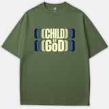 A green graphic t-shirt displaying the phrase CHILD OF GOD framed by layered blue, navy, and beige accents.