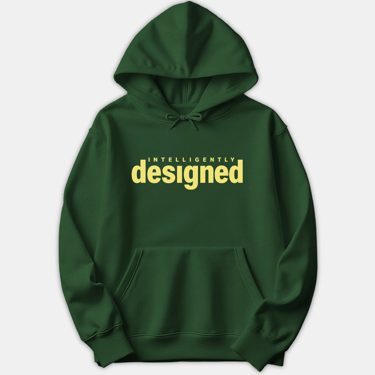 A dark green Christian hoodie featuring the text INTELLIGENTLY designed printed in a pale yellow font across the front chest.