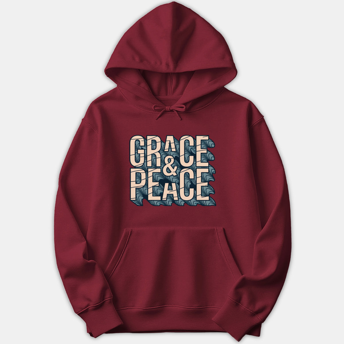 A dark red hoodie featuring a bold graphic with the text GRACE & PEACE in cream-colored block lettering set over a blue wave pattern.