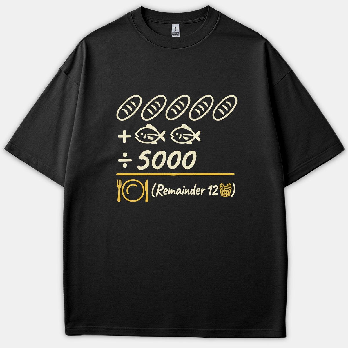 A black T-shirt featuring a Christian math graphic depicting five loaves and two fish divided by 5000 with a remainder of 12 baskets in yellow.