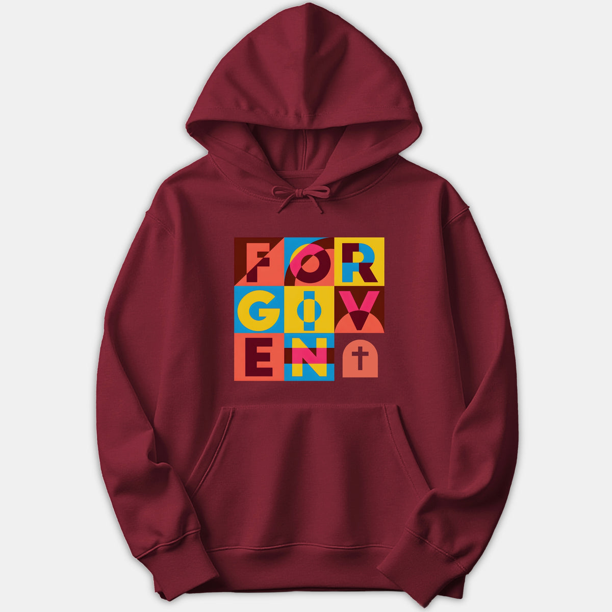 A maroon hoodie featuring a colorful geometric block graphic on the chest that spells out FORGIVEN with a Christian cross symbol.