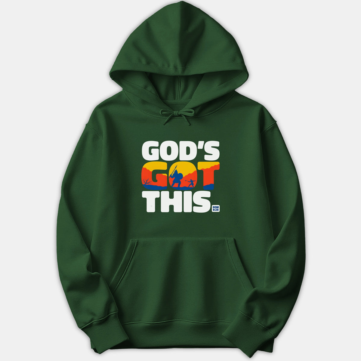 A dark green hoodie featuring bold white text that reads God's Got This with a colorful sunset scene depicting David and Goliath inside the middle letters.