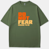 A green t-shirt featuring a bold typography graphic that reads 'DO NOT FEAR ISAIAH 41:10' printed in orange and yellow lettering across the chest.