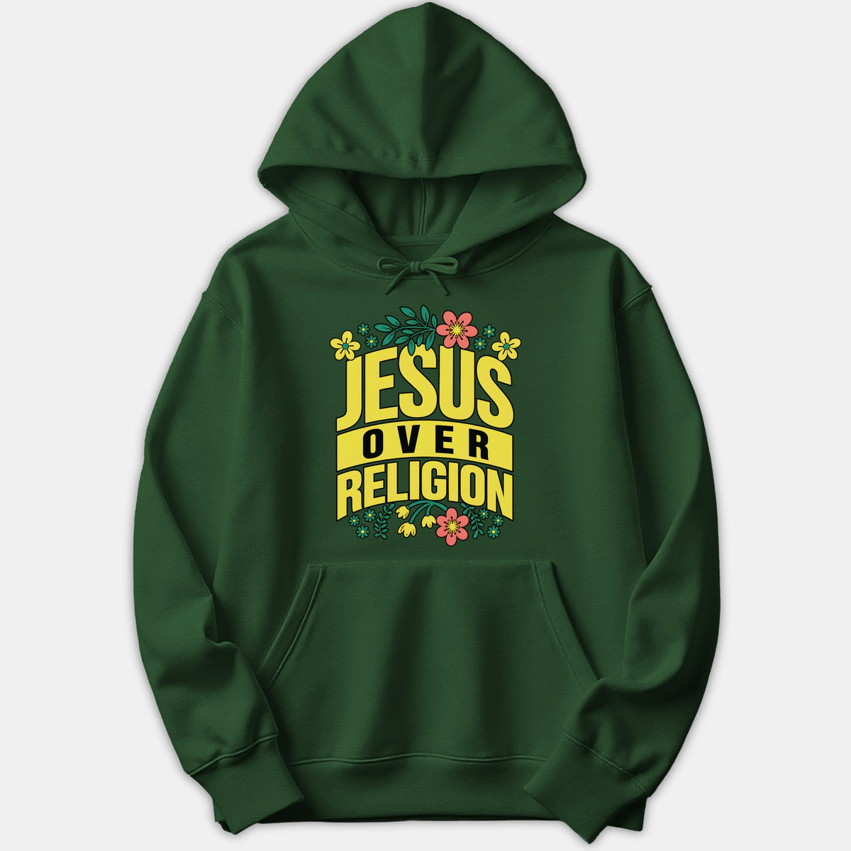 A dark green hoodie featuring the phrase 'JESUS OVER RELIGION' in bold yellow typography surrounded by colorful floral accents.