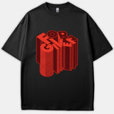 A black t-shirt featuring the word FORGIVEN in a bold, 3D red geometric block font printed across the chest.