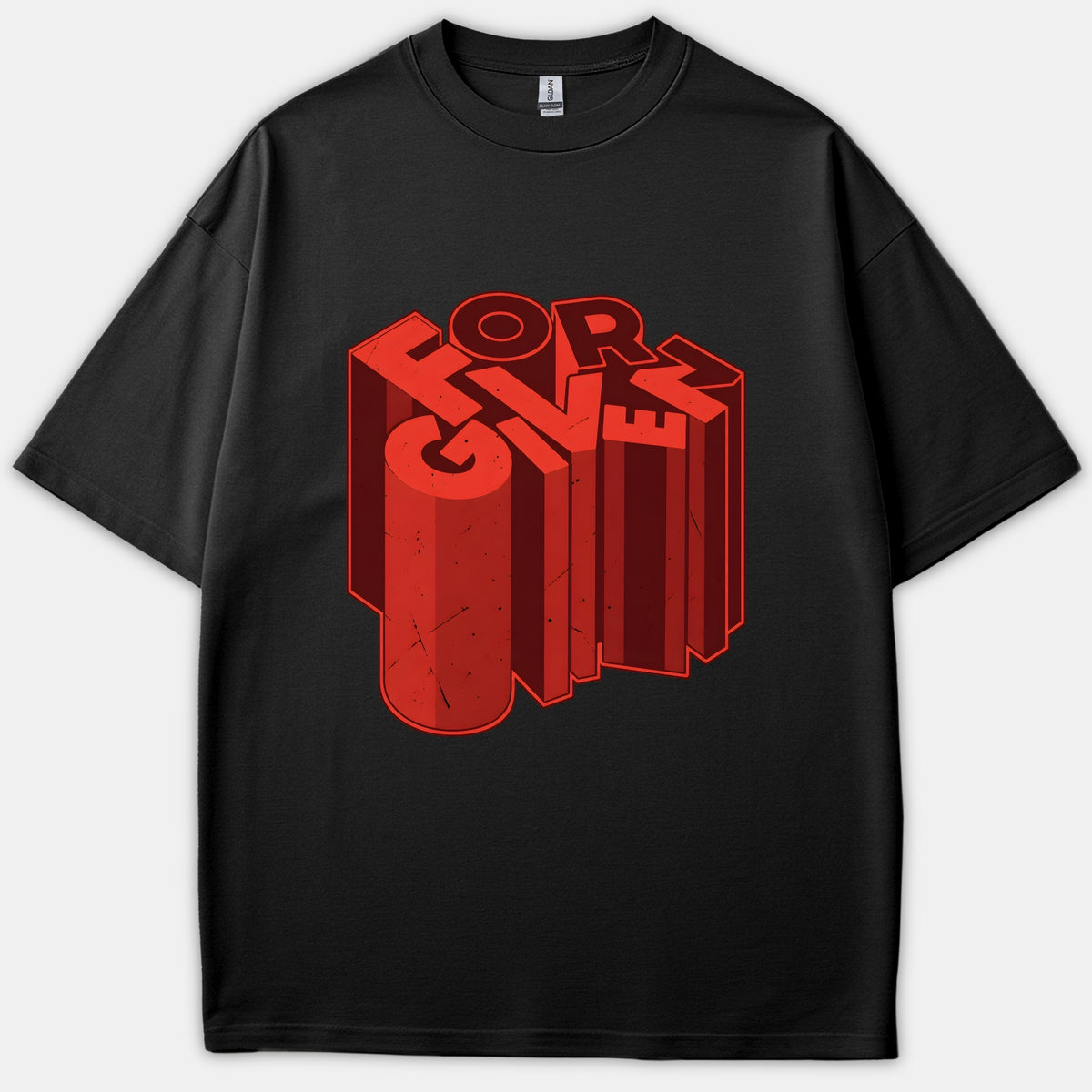 A black t-shirt featuring the word FORGIVEN in a bold, 3D red geometric block font printed across the chest.