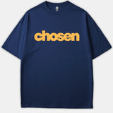 A navy blue t-shirt featuring the word chosen printed across the chest in bold yellow lowercase lettering.