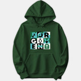 A dark green pullover hoodie featuring a modern geometric graphic print with the word FORGIVEN and a small cross symbol.