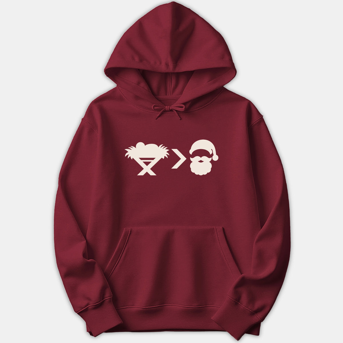 A red Christmas hoodie featuring a white graphic print of a manger symbol, a greater-than sign, and Santa Claus.
