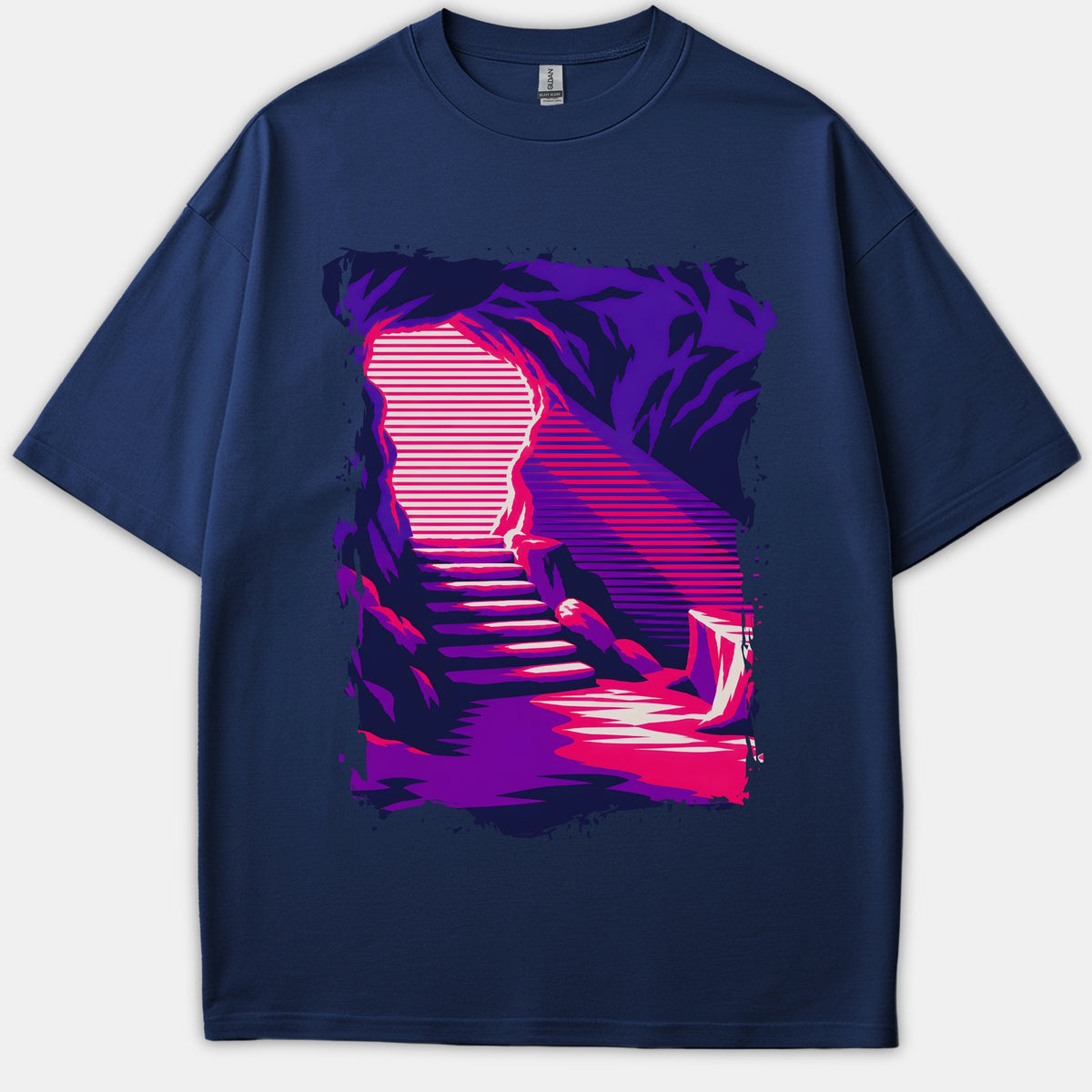 A navy blue T-shirt featuring a retro synthwave-style graphic of a dark cave with stairs leading up toward a bright pink and white glowing entrance.