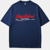 A navy blue Christian t-shirt featuring the graphic text 'Christ Centered zero thirst' styled like a classic soda logo in red, white, and gray.