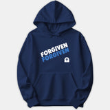 A navy blue hoodie featuring the word FORGIVEN printed twice in bold white and light blue text, alongside a small white tomb icon with a Christian cross.
