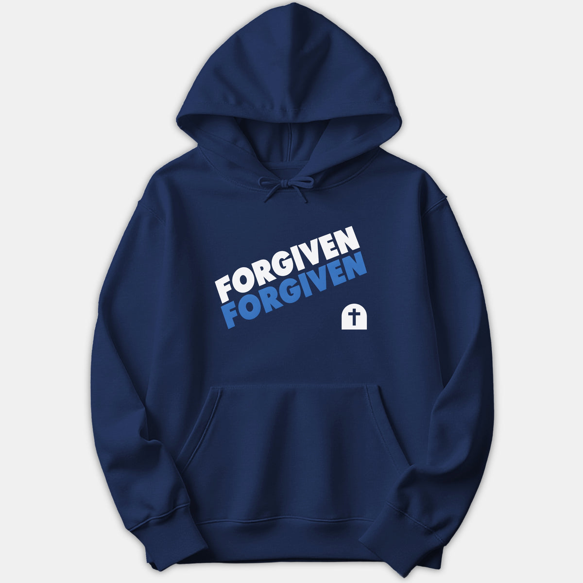 A navy blue hoodie featuring the word FORGIVEN printed twice in bold white and light blue text, alongside a small white tomb icon with a Christian cross.