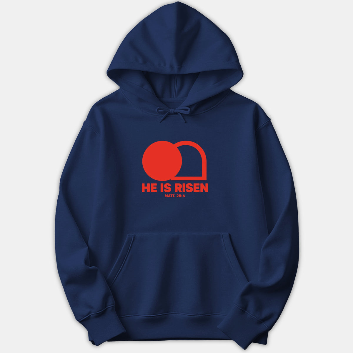 A navy blue hoodie featuring a red graphic of an empty tomb with the words 'HE IS RISEN MATT. 28:6' printed across the front.