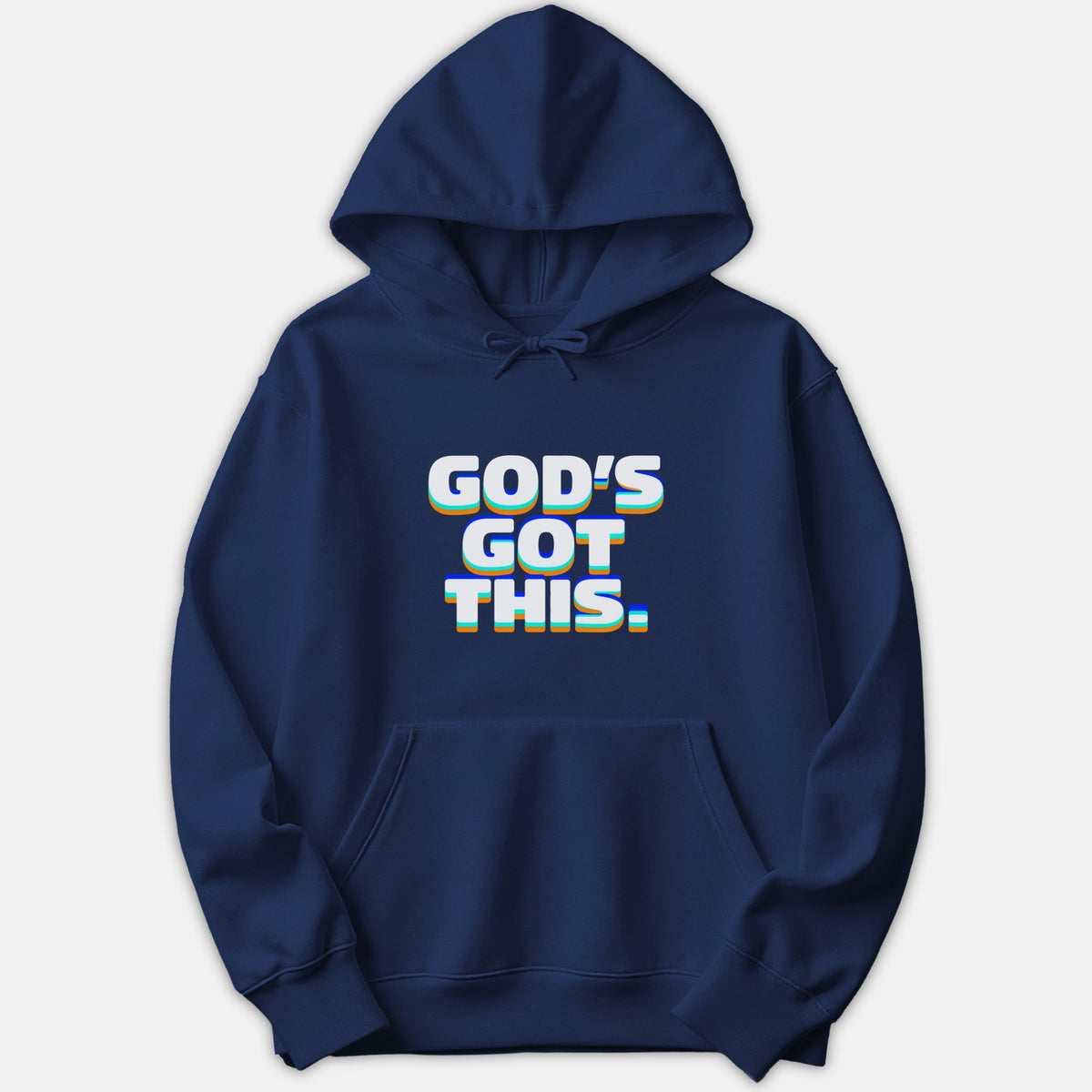 A navy hoodie featuring a retro graphic on the chest reading 'GOD'S GOT THIS.' in bold white text with colorful orange and blue shadowed layers.
